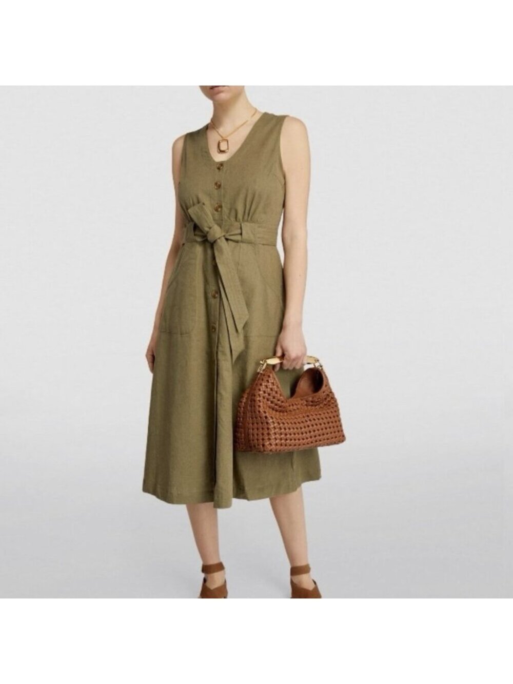 Barbour Rutherglen Linen Cotton Midi Dress Khaki Button Front